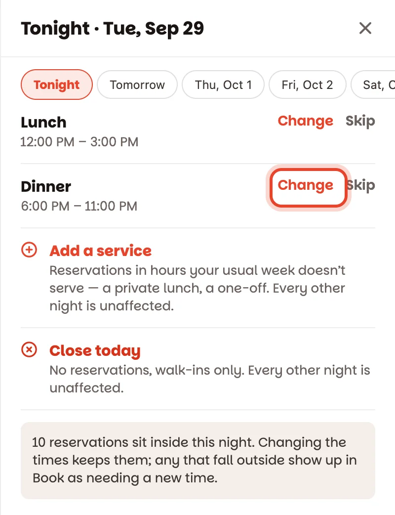 The Tonight sheet: the nights along the top, and each service with Change and Skip