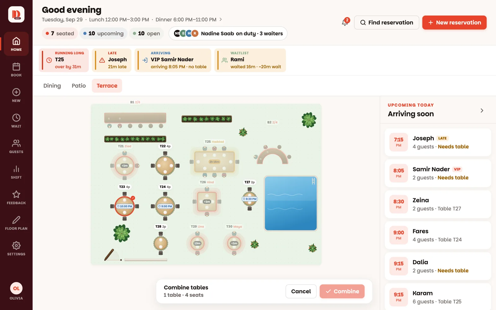 Combine mode: tables that can join get dashed rings