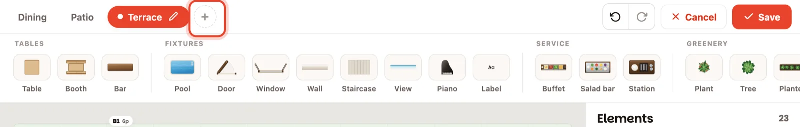 The area tabs, with the + to add one