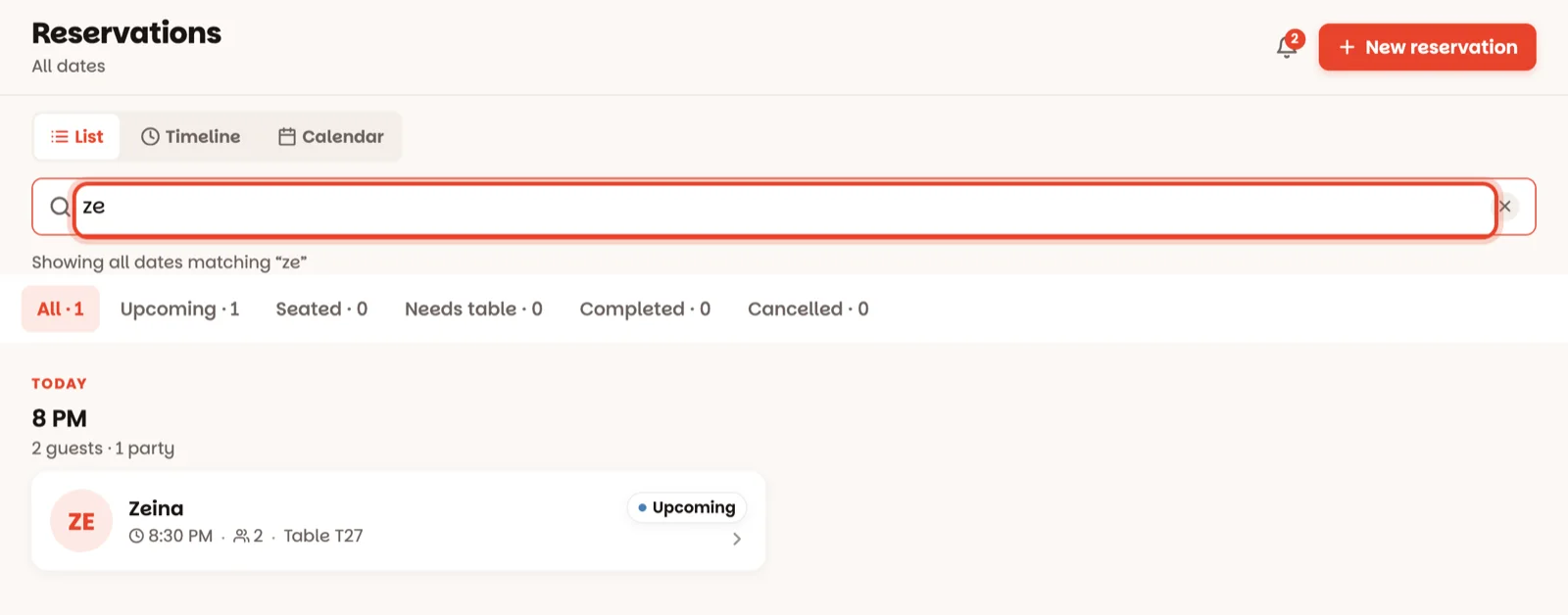 Searching the reservations by name