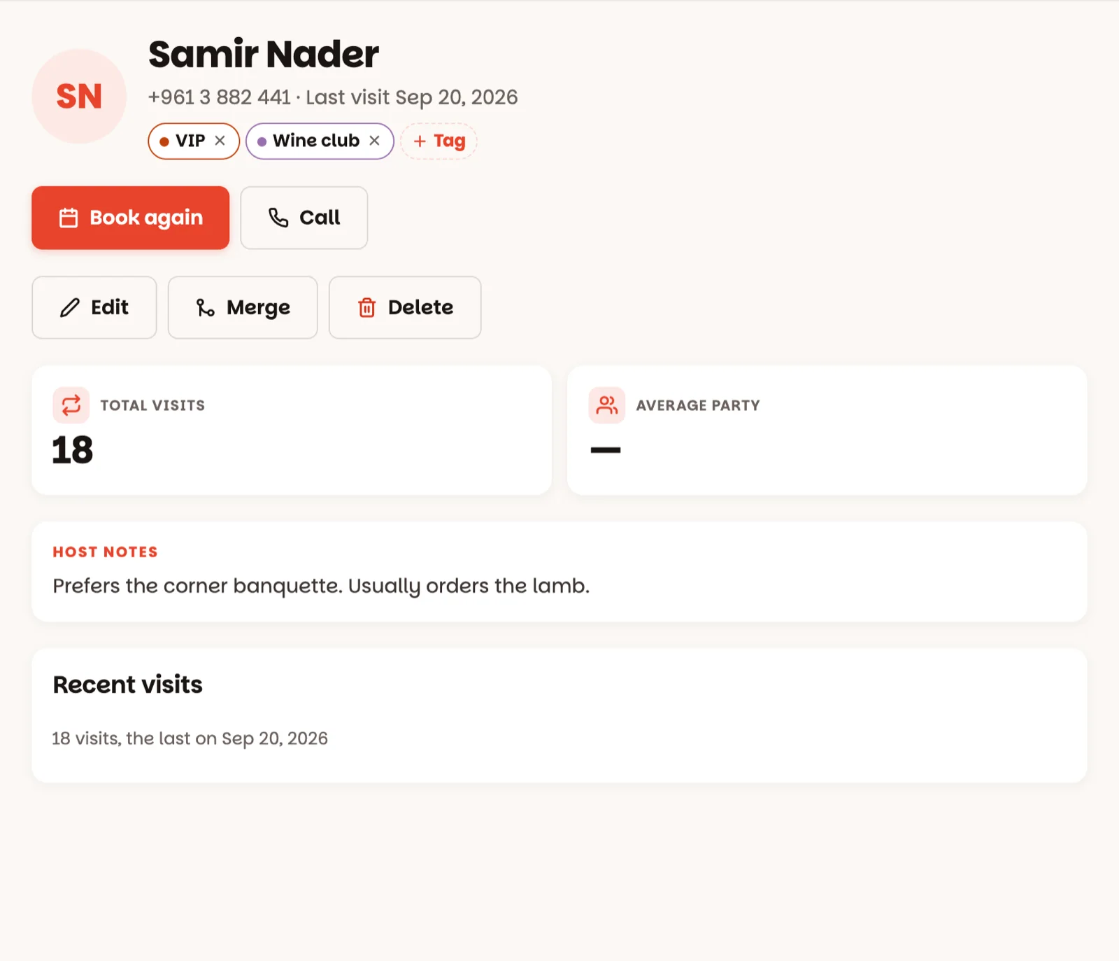 A guest's page: phone, visits, tags and the team's notes