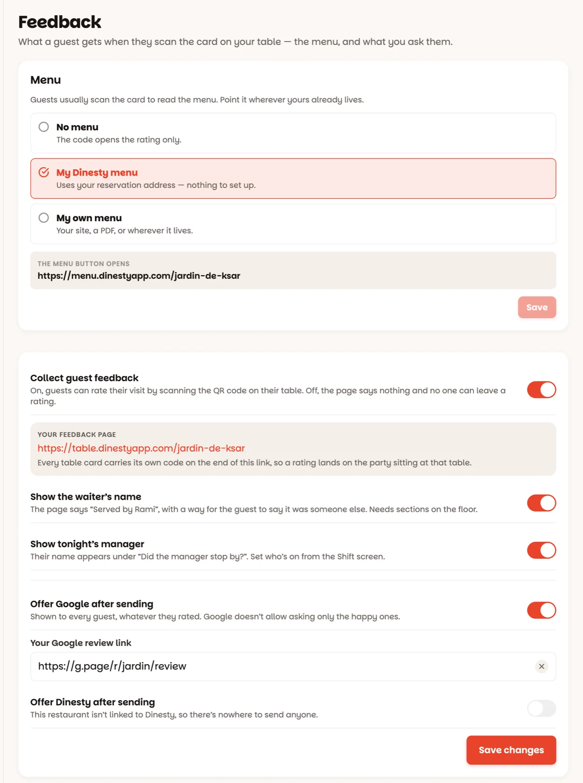 The Feedback settings: the menu, and collecting ratings