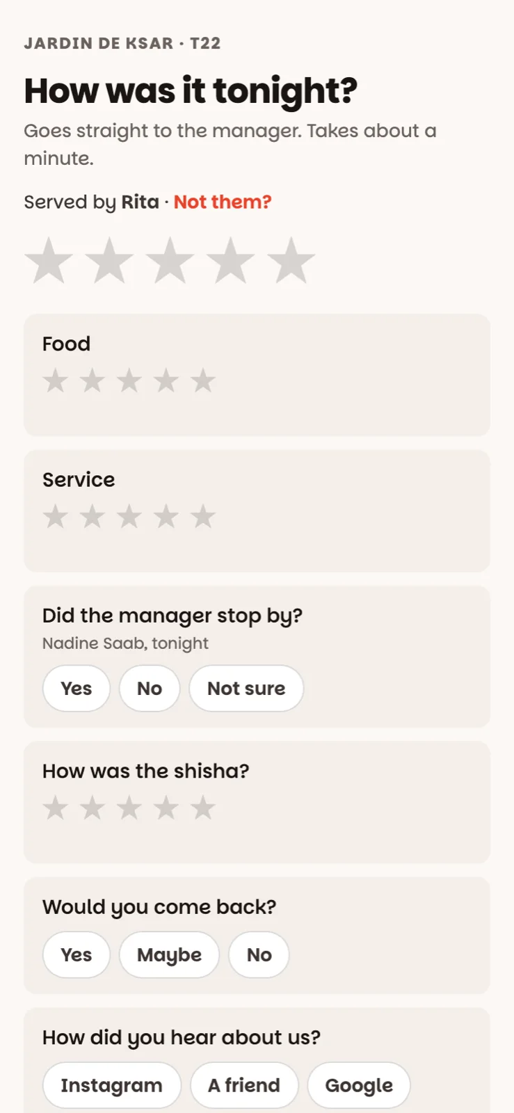 The rating page on a guest's phone