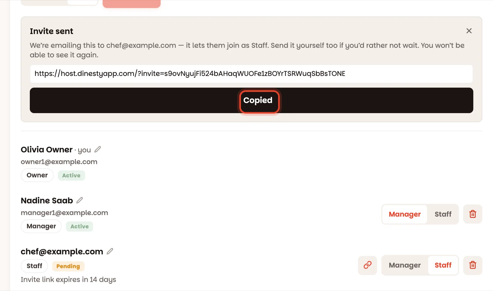 The invite link, shown once and already copied