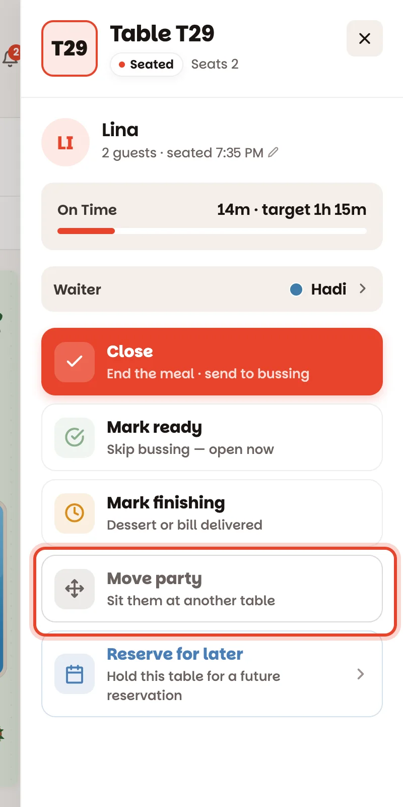 A seated table's panel with Move party circled