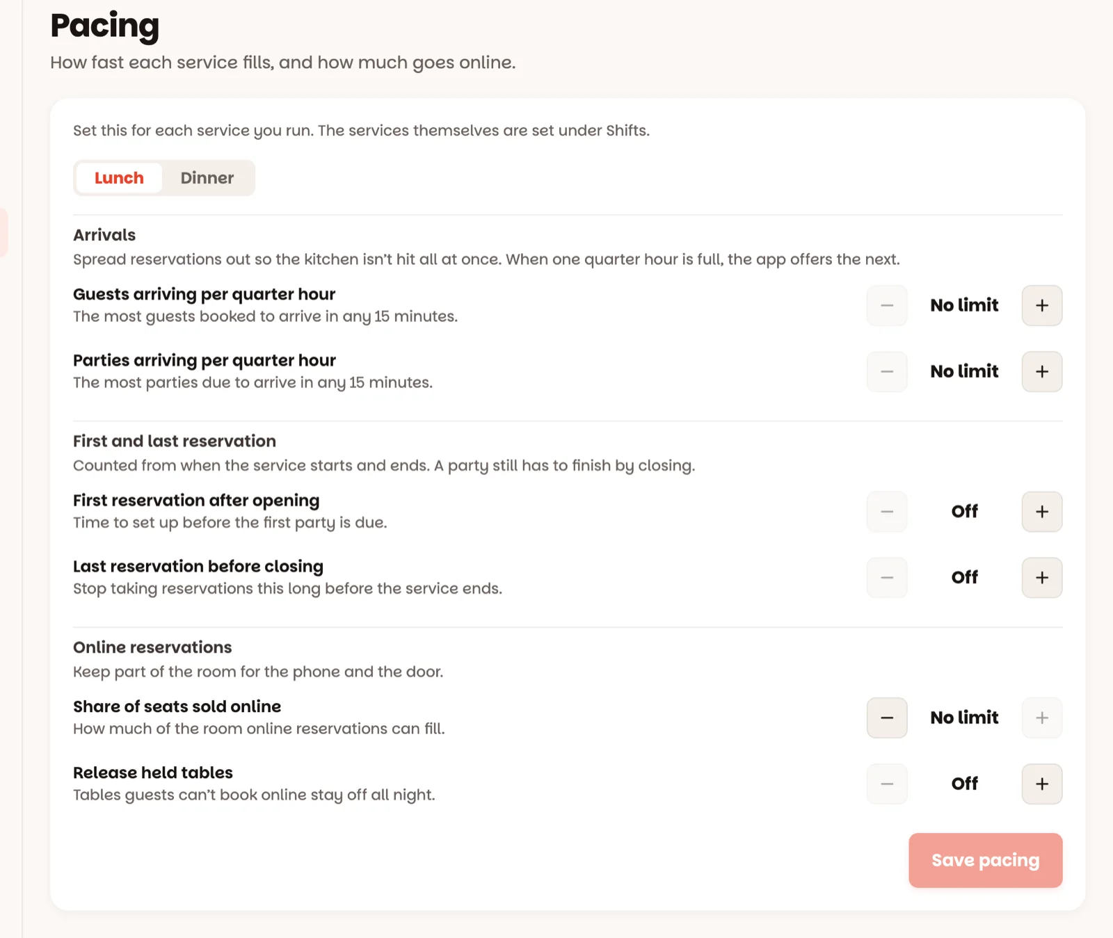 The pacing screen, one tab per service