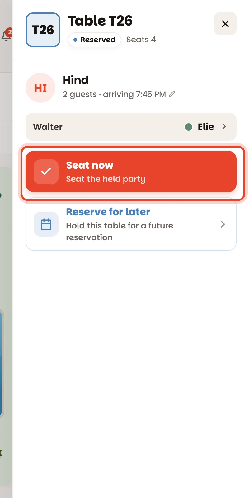 A reserved table's panel with Seat now circled