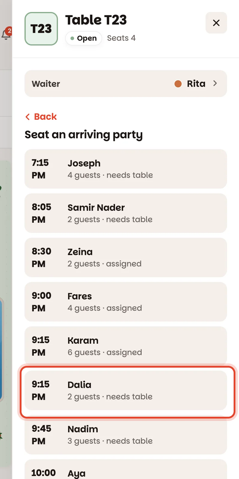 Seating an arriving party from an open table's panel