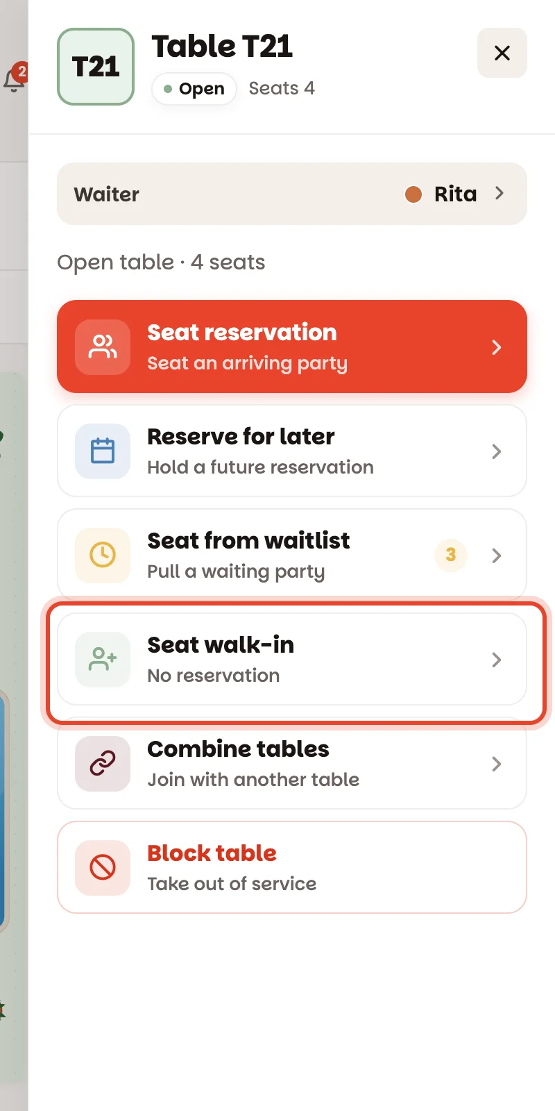 The table panel with Seat walk-in circled