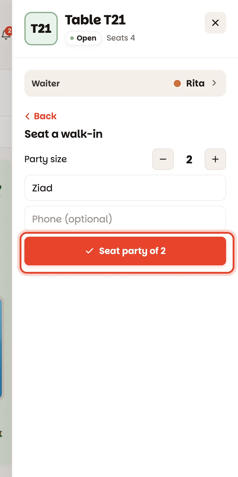 The walk-in form: party size, optional name and phone