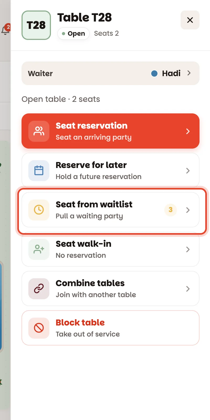 An open table's panel with Seat from waitlist circled