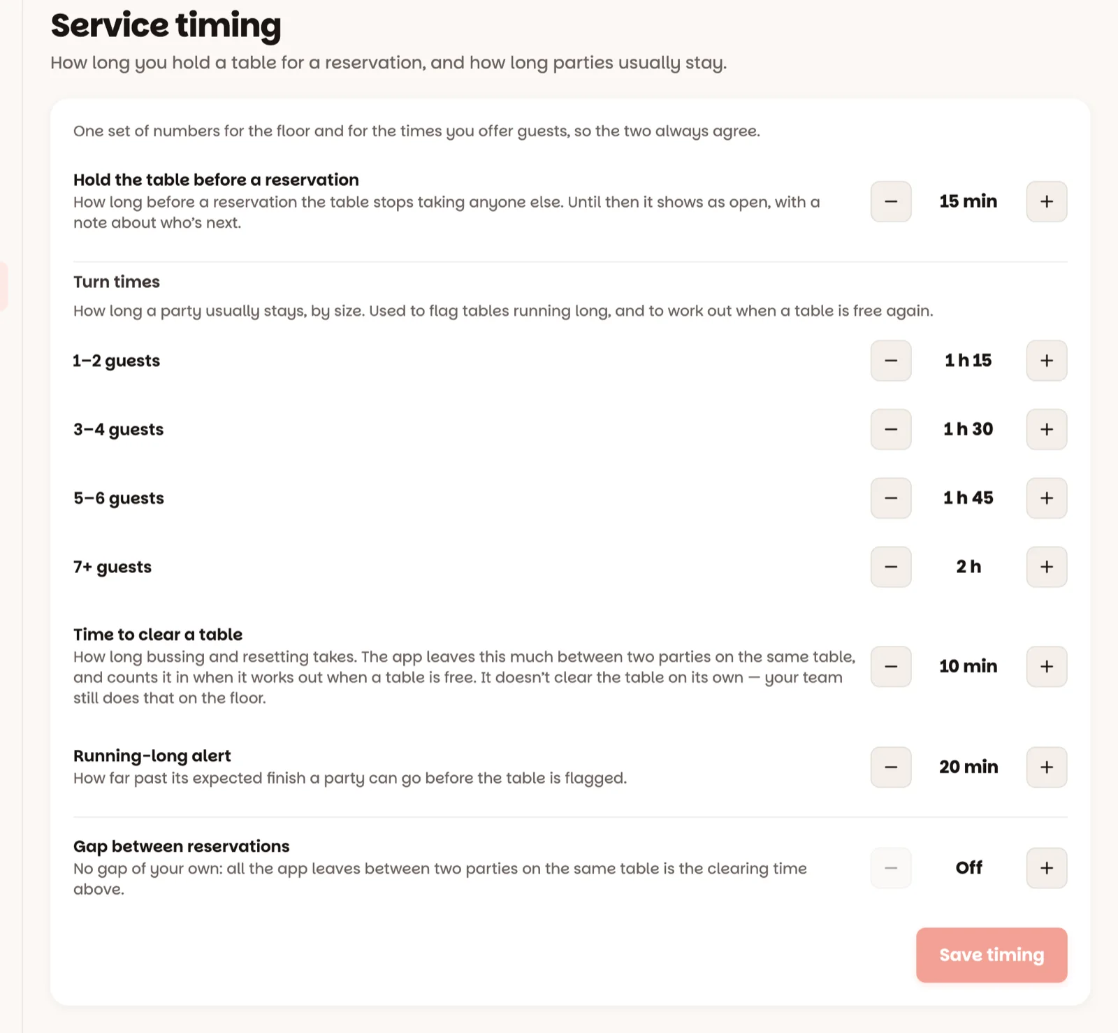 The service timing screen