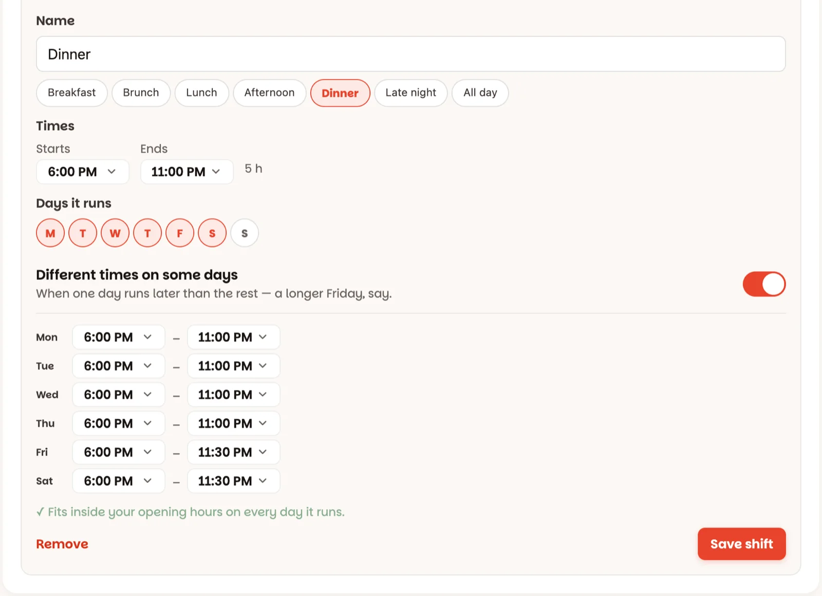 Changing a service: name, times, days