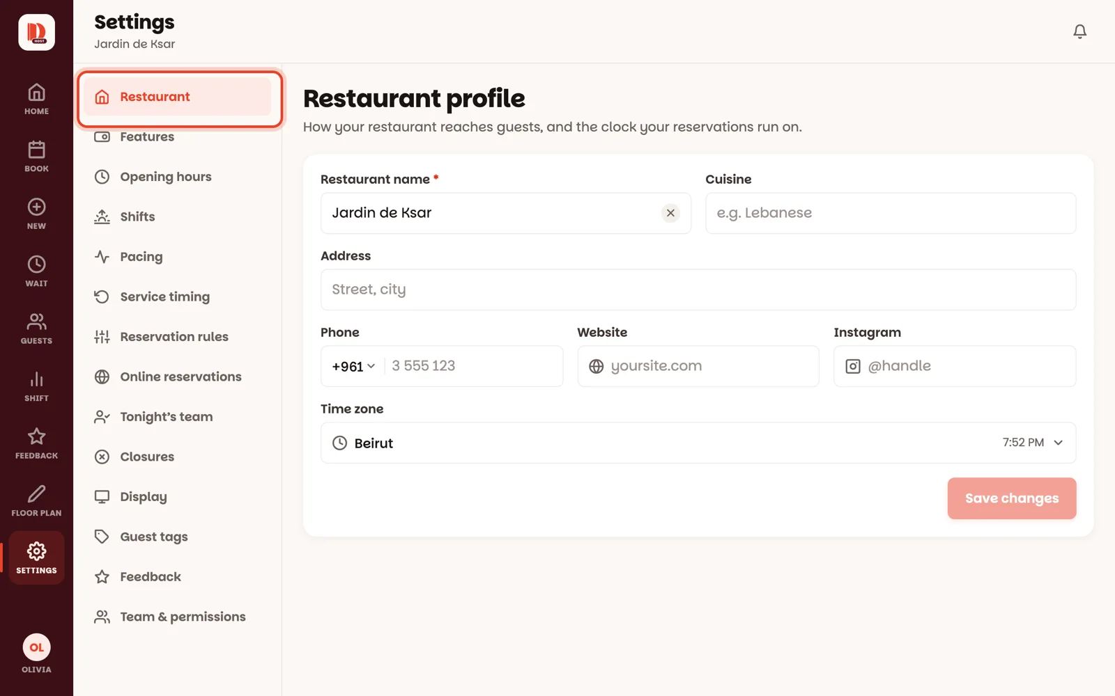 Settings: the list of sections on the left