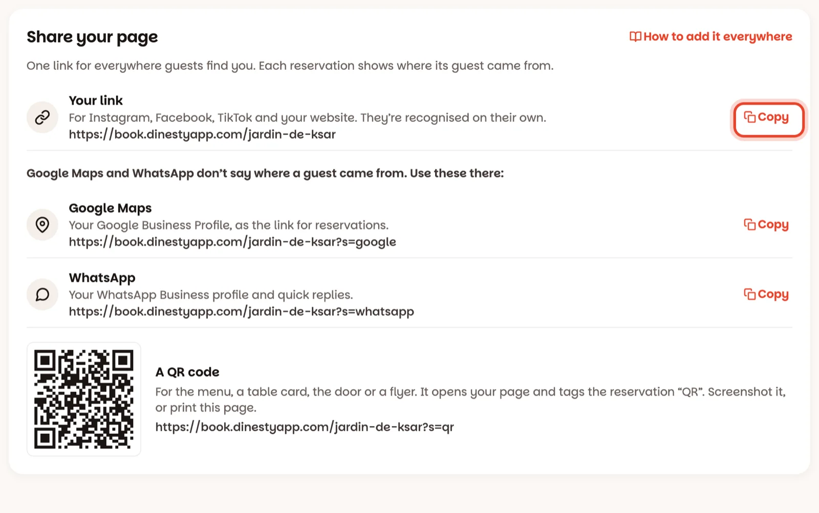 Share your page: your link, the two tagged ones, and a QR code