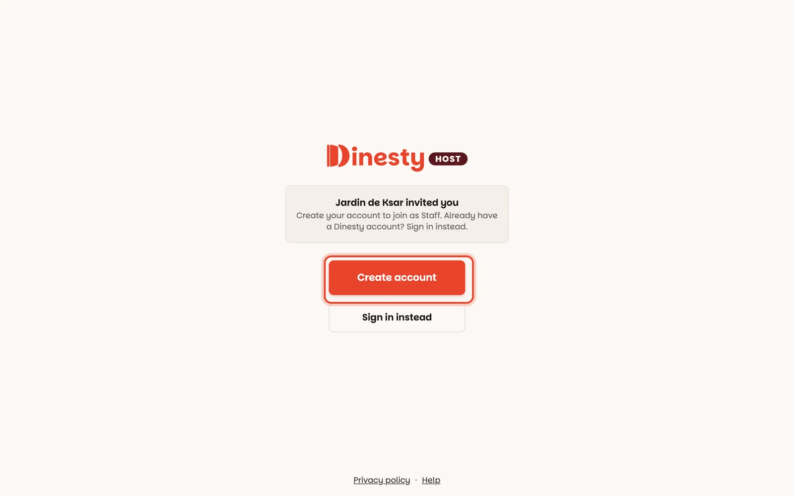 The invitation screen: Create account, or Sign in instead