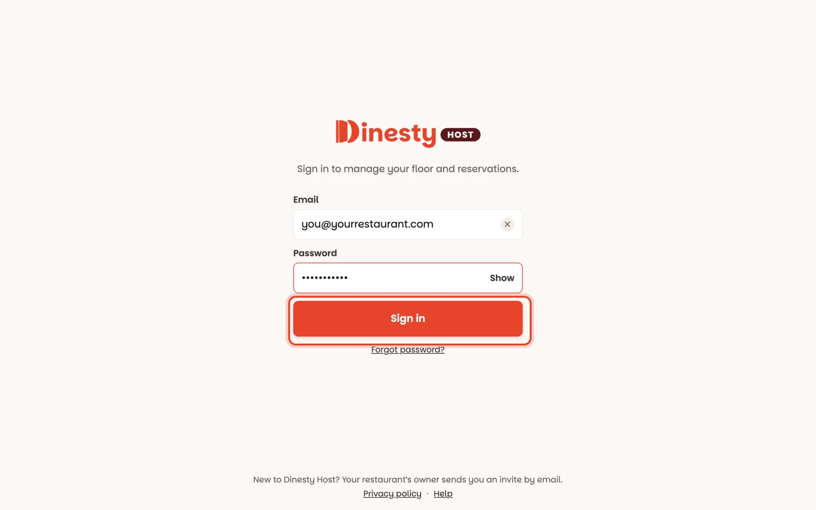 The Dinesty Host sign-in screen: email, password and Sign in