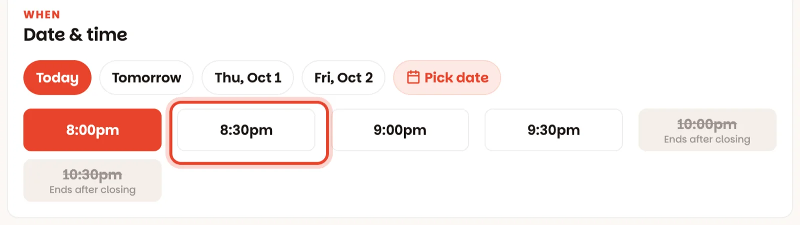 The day buttons and the grid of times, grouped by service