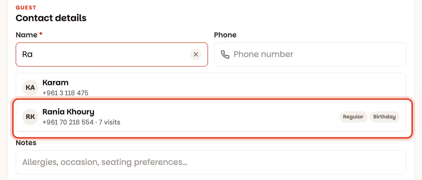 Typing a name: the app suggests a guest it already knows