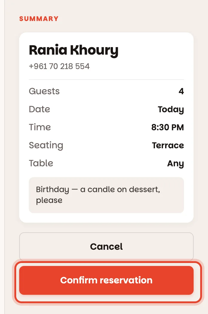 The summary card and the Confirm reservation button