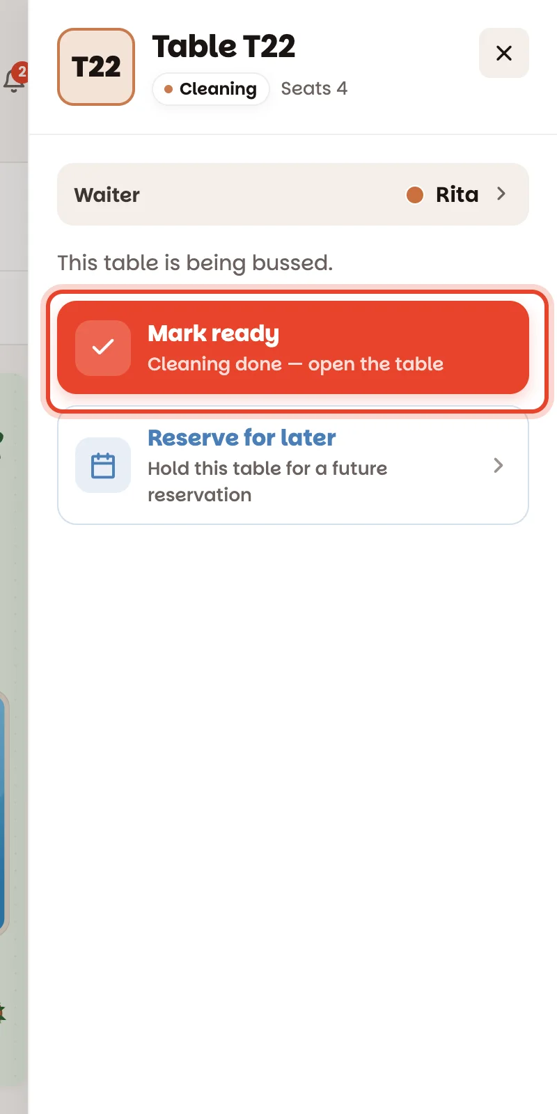 The cleaning table's panel with Mark ready circled