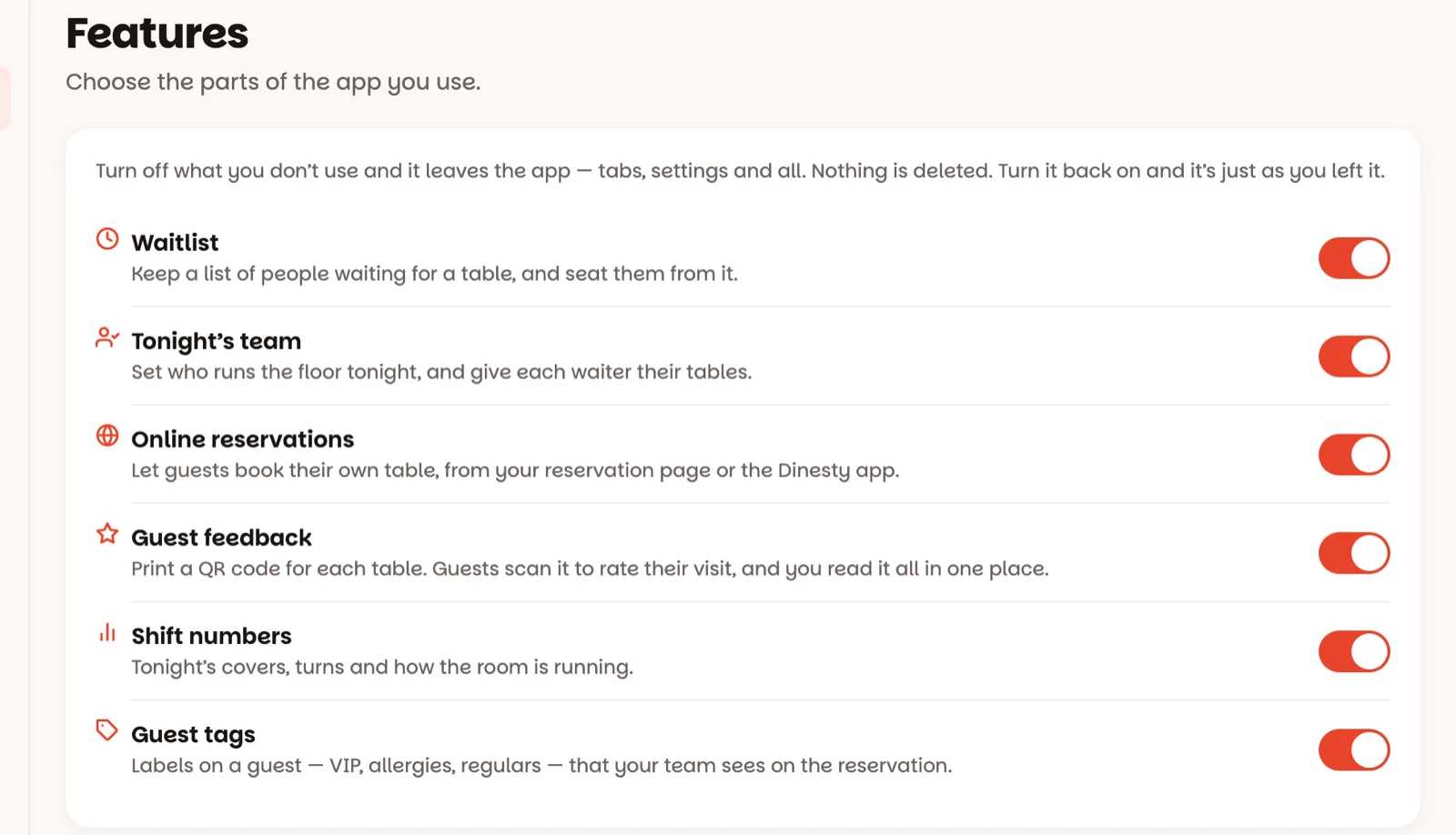 The Features screen: one switch per part of the app