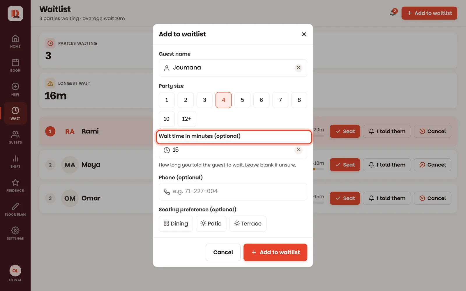 The Add to waitlist form