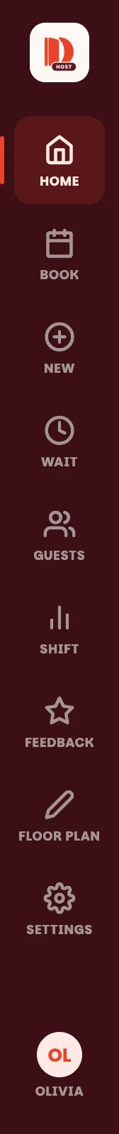 The menu: Home, Book, New, Wait, Guests, Shift, Feedback, Floor plan, Settings