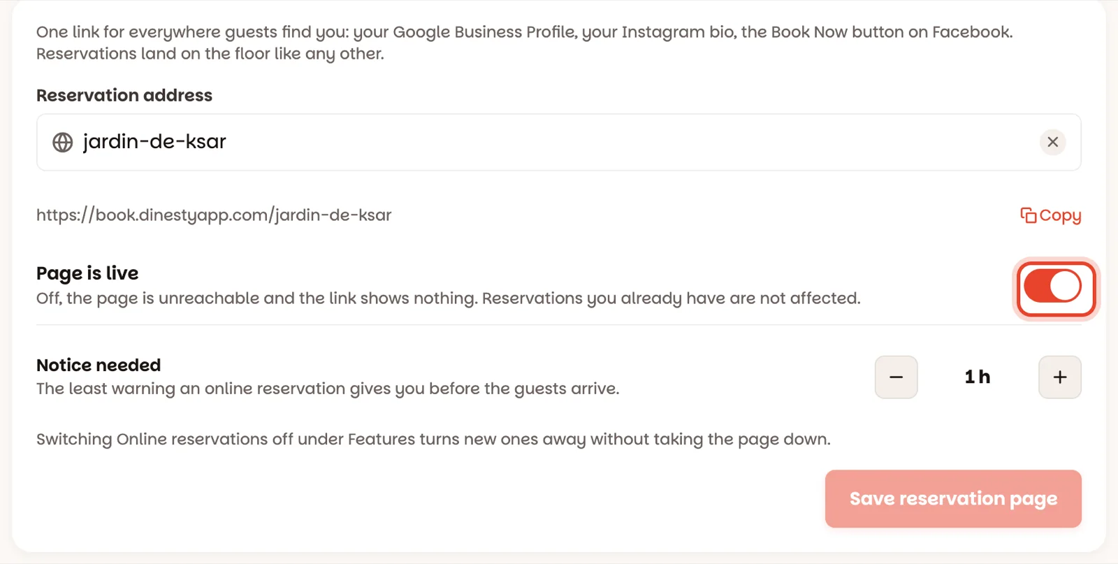Online reservations: the address and the switch that puts the page live