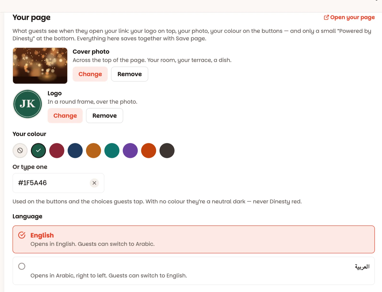 Your page: photo, logo, colour and language